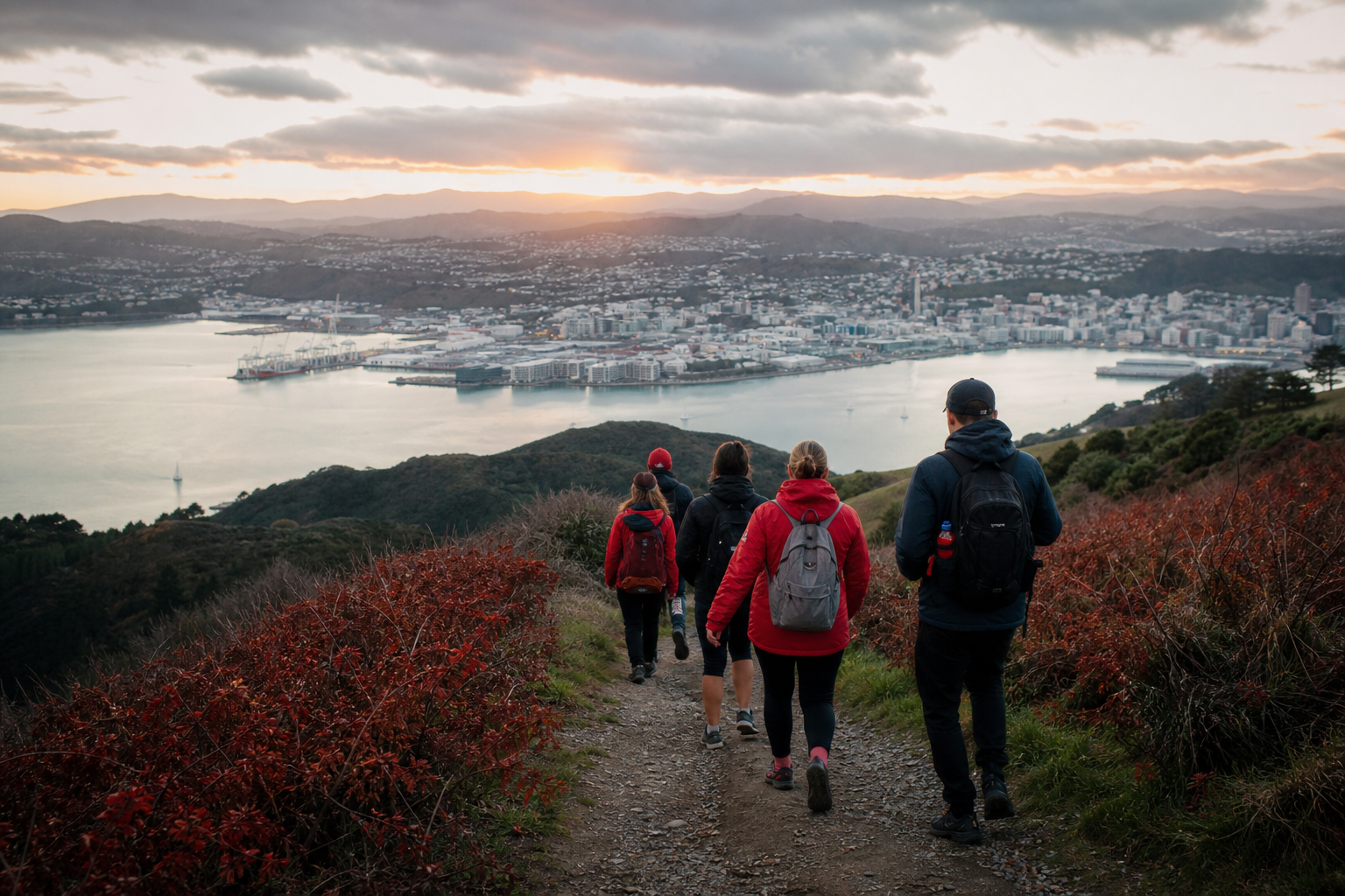 Dynankle group walking on a Wellington hillside